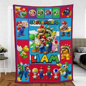 Custom Super Mario Fleece Blanket, Super Mario Lovers Gift, Super Mario Birthday Kid Gift, Fleece Sherpa Quilt Blanket Bedding Set