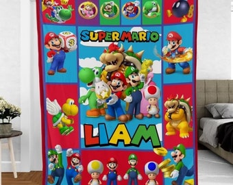 Custom Super Mario Fleece Blanket, Super Mario Lovers Gift, Super Mario Birthday Kid Gift, Fleece Sherpa Quilt Blanket Bedding Set