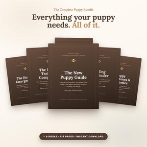 May include: A digital bundle of six brown books titled The Complete Puppy Bundle. The central book is The New Puppy Guide, featuring a paw print icon and text. The collection includes guides for training, health, and milestones, with a bottom label stating 6 books, 114 pages, and instant download.
