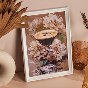 Espresso Martini Cocktail Wall Art Print with Coffee Beans and Neutral Flowers for Bar Cart or Kitchen Decor Moody Modern Drink Artwork