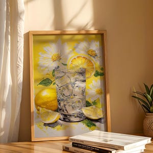 Lemon Gin and Tonic Wall Art with Ice and Daisies Bright Yellow Summer Kitchen or Bar Decor Fresh Citrus Drink Botanical Illustration