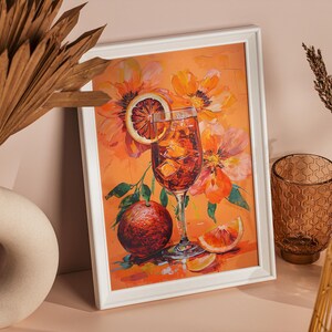 Aperol Spritz Cocktail Wall Art Orange Citrus Drink Print with Floral Background for Bar Cart or Kitchen Summer Entertaining Decor