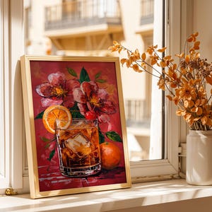 Old Fashioned Cocktail Wall Art Print with Cherry and Orange Slice for Home Bar or Kitchen Decor Moody Floral Background Drink Artwork