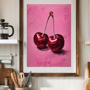 Cherry Kitchen Wall Art Print Modern Red Fruit Artwork for Dining Room or Cafe Decor Bold Pop Art Style with Glossy Cherries on Pink