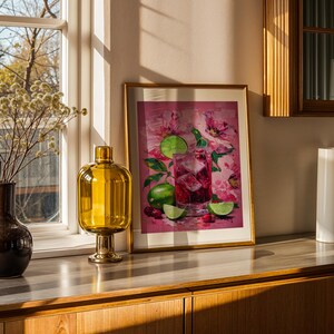 Vodka Cranberry Cocktail Wall Art Print with Lime Wedges and Pink Flowers for Bar Cart or Kitchen Decor Bold Modern Drink Artwork