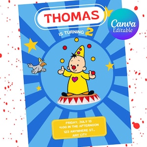 Bewerkbare uitnodigingskaarten Bumba Circus thema verjaardag uitnodigen