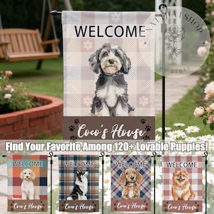 May include: A decorative garden flag featuring a dog illustration with the word "WELCOME" at the top. The flag has a plaid background and the text "Coco's House" at the bottom. Additional flags with different dog breeds are shown.