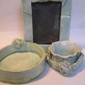 Vintage WhimsiClay Handmade frog Trio including votive, photo frame, and dish by Amy Lacombe. One of a kind with beautiful Celadon glaze.