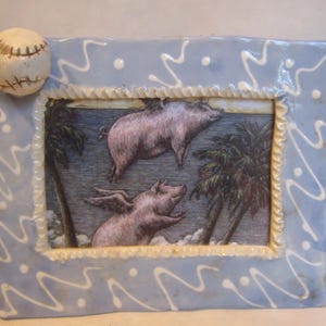 Vintage WhimsiClay Handmade One-of-a-kind Ceramic  Photo Frame with baseball