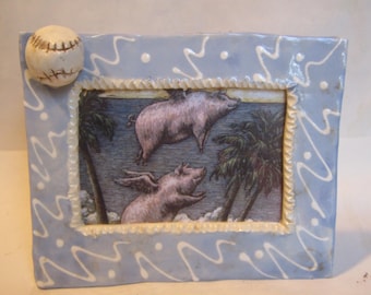 Vintage WhimsiClay Handmade One-of-a-kind Ceramic  Photo Frame with baseball