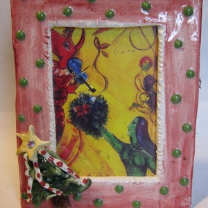 Vintage WhimsiClay Handmade One-of-a-kind Ceramic  Photo Frame with Christmas Tree