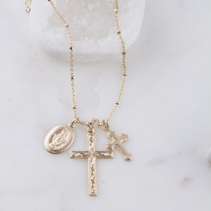 Tiny Virgin Mary with 2 Crosses Necklace, Virgin Mary Crosses Necklace, Dainty Layering Necklace, Floral Cross, Plain Rope Cross Charm
