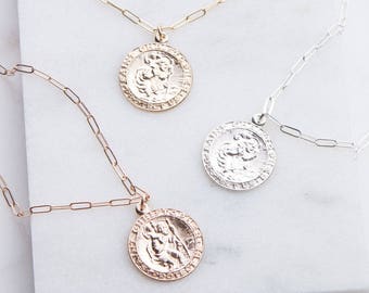 Saint Christopher Round Necklace, Traveling Saint Necklace, Dainty Layering Necklace, Silver, Gold or Rose Gold Charm Religious Necklace