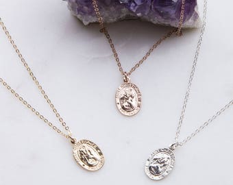 Tiny Saint Christopher Oval Necklace, Traveling Saint Necklace, Dainty Layering Necklace,  Small Silver, Gold or Rose Gold Charm Necklace