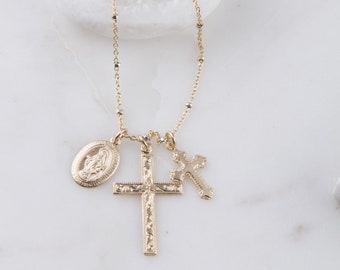 Tiny Virgin Mary with 2 Crosses Necklace, Virgin Mary Crosses Necklace, Dainty Layering Necklace, Floral Cross, Plain Rope Cross Charm