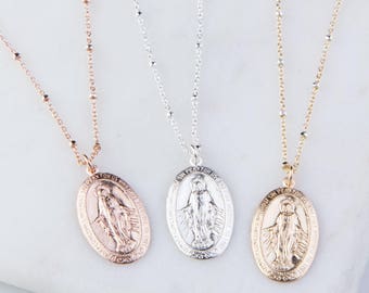 Large Virgin Mary Charm Necklace, Religious Jewelry, Gift for Her, Miraculous Necklace, Silver, Gold Charm Necklace, Miraculous Medal Chain