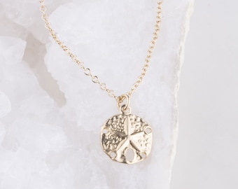 Litet sanddollarhalsband, guldfärgat sanddollarhalsband, guldfyllt eller sterlingsilverhalsband i lager, fint sanddollarhalsband