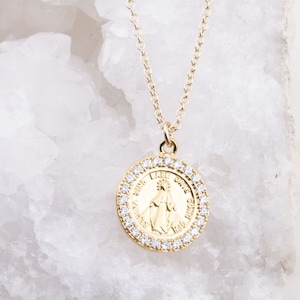Cubic Zirconia Gold Plated Virgin Mary Medallion Gold Filled Chain Necklace, Easter Gift, Everyday Dainty Necklace, Gifts for Her