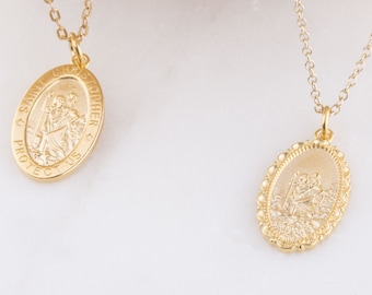 Saint Christopher Gold Plated Oval Necklace, Traveling Saint Necklace, Dainty Layering Necklace, Saint Charm Necklace, Protect Us Necklace