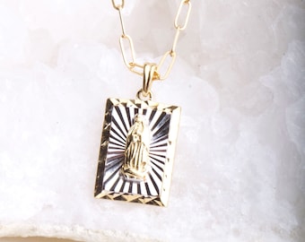 Our Lady Of Guadalupe Gold Small Rectangle Medallion on Paperclip Chain Dainty Necklace, OLOG Necklace, Christmas Gift, Gift for Her,