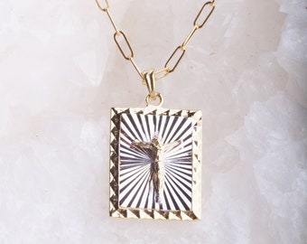 Jesus Crucifix Square Medallion on Paperclip Chain Dainty Necklace, JesusNecklace, Christmas Gift, Gift for Her, Paperclip Chain Necklace