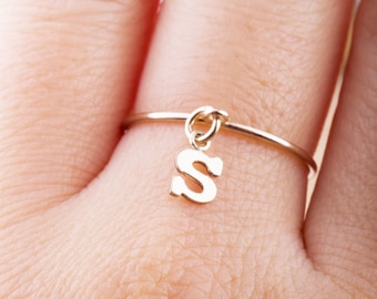14K Gold Filled Personalized Initial Stackable Ring, Personalized Name Ring, Gold Letter Ring, Alphabet Letter Dangle Ring from Size 5 to 8