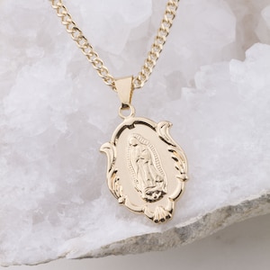 Our Lady Of Guadalupe Gold Oval Medallion Dainty Necklace, Virgin Mary Necklace, Christmas Gift, Gift for Her, Everyday Catholic Necklace