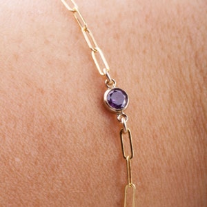 4mm 14k Gold Filled Birthstone Link Paperclip Chain Bracelet, Birthday Gift, Paperclip Chain Bracelet, CZ Stone Bracelet, CZ Charm Bracelet