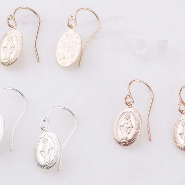 Dainty 14K Gold Filled Oval Virgin Mary Earrings, Religious Earrings, Gift for Her, Easter Gift, Sterling Silver, Rose Gold Virgin Mary