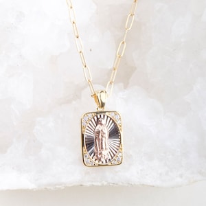 Our Lady Of Guadalupe Rose Small Rectangle Medallion on Paperclip Chain Dainty Necklace, OLOG Necklace, Christmas Gift, Gift for Her,