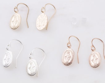 Dainty 14K Gold Filled Oval Virgin Mary Earrings, Religious Earrings, Gift for Her, Easter Gift, Sterling Silver, Rose Gold Virgin Mary