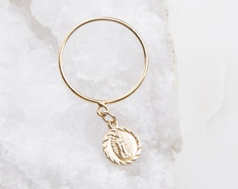 Our Lady of Guadalupe Charm Dangle Ring in Gold Filled, Stacking Rings, 14K Gold Filled Skinny Band Ring, Virgin Mary Charm Dangle Ring