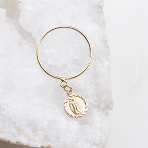 Our Lady of Guadalupe Charm Dangle Ring in Gold Filled, Stacking Rings, 14K Gold Filled Skinny Band Ring, Virgin Mary Charm Dangle Ring