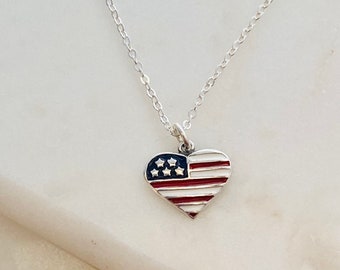 Sterling Silber Emaille Amerika Flagge Herz Charm Halskette, Usa Herz Flagge Charm Anhänger, Herz Flagge Halskette