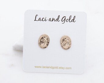 Dainty 14K Gold Filled Saint Christopher Stud Earrings, Gift for Her, Easter Gift, Protect Us Charm, Travel Saint Earrings, Dainty Studs