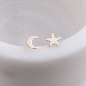 Moon and Star Gold Filled Stud Earrings, Dainty Tiny Gold Stud Earrings, Minimalist, Boho Earring Set, Everyday Wear, Mix Match Earrings image 1