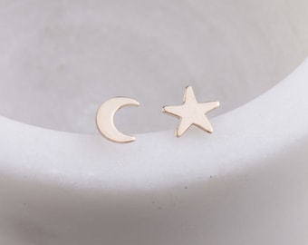 Moon and Star Gold Filled Stud Earrings,  Dainty Tiny Gold Stud Earrings, Minimalist, Boho Earring Set, Everyday Wear, Mix Match Earrings