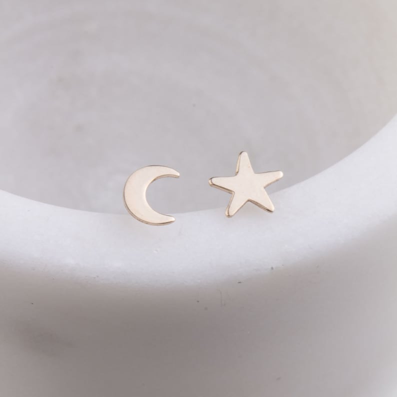 Moon and Star Gold Filled Stud Earrings, Dainty Tiny Gold Stud Earrings, Minimalist, Boho Earring Set, Everyday Wear, Mix Match Earrings image 1