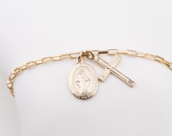 Virgin Mary Charm with Cross Bracelet, Religious Jewelry, Gift for Her, Cross Bracelet, Small Gold Charm Bracelet Miraculous Medal