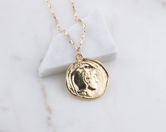 Roman Gold Coin Pendant Necklace, Coin Necklace, Gold Coin Pendant, Layering Necklace, Medallion Necklace, Dainty Necklace, Coin Pendant