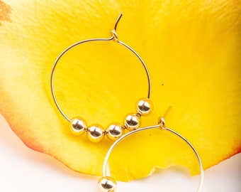 20mm Thin Gold Filled Beading Hoops with 4mm Polished Beads, Boho Statement Hoop Earrings, Dainty Gold Hoops, Beaded Hoops, Thin Gold Hoops