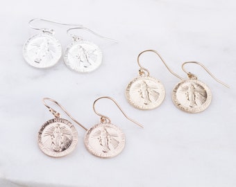 Dainty 14K Gold Filled Virgin Mary Earrings, Religious Earrings, Gift for Her, Easter Gift, Sterling Silver, Rose Gold Filled Virgin Mary