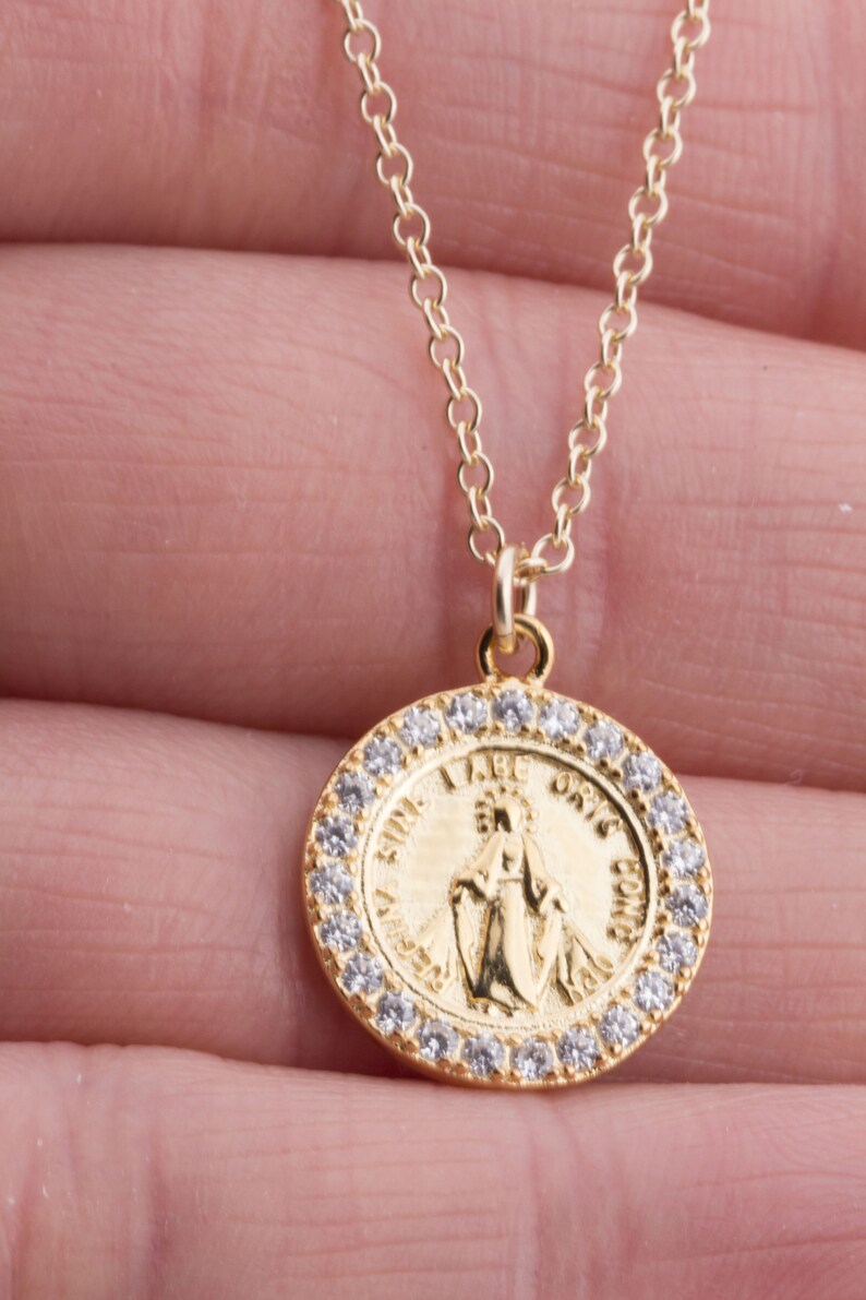 Cubic Zirconia Gold Plated Virgin Mary Medallion Gold Filled Chain ...