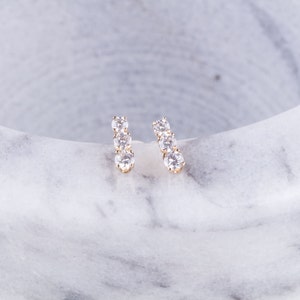 14K Gold Filled Three Cubic Zirconia Stud Earrings, Small CZ Studs, Gift for Her, Second Hole Piercings, CZ  Stud Earrings, Small Round Stud