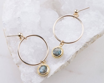 Gemstone Round Circle Dangle Hoops, Gift for Her, Everyday Earrings, Dainty Hoop Earrings, Gemstone Hoops, Gemstone Drop Hoops