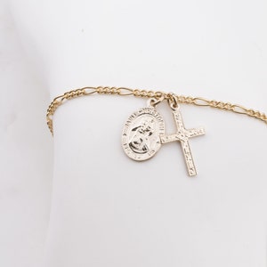 Tiny Saint Christopher with Cross Figaro Bracelet, Traveling Saint Bracelet, Gift for Her, Easter Gift, Gold Saint with Cross Charm Bracelet