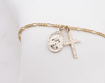 Tiny Saint Christopher with Cross Figaro Bracelet, Traveling Saint Bracelet, Gift for Her, Easter Gift, Gold Saint with Cross Charm Bracelet