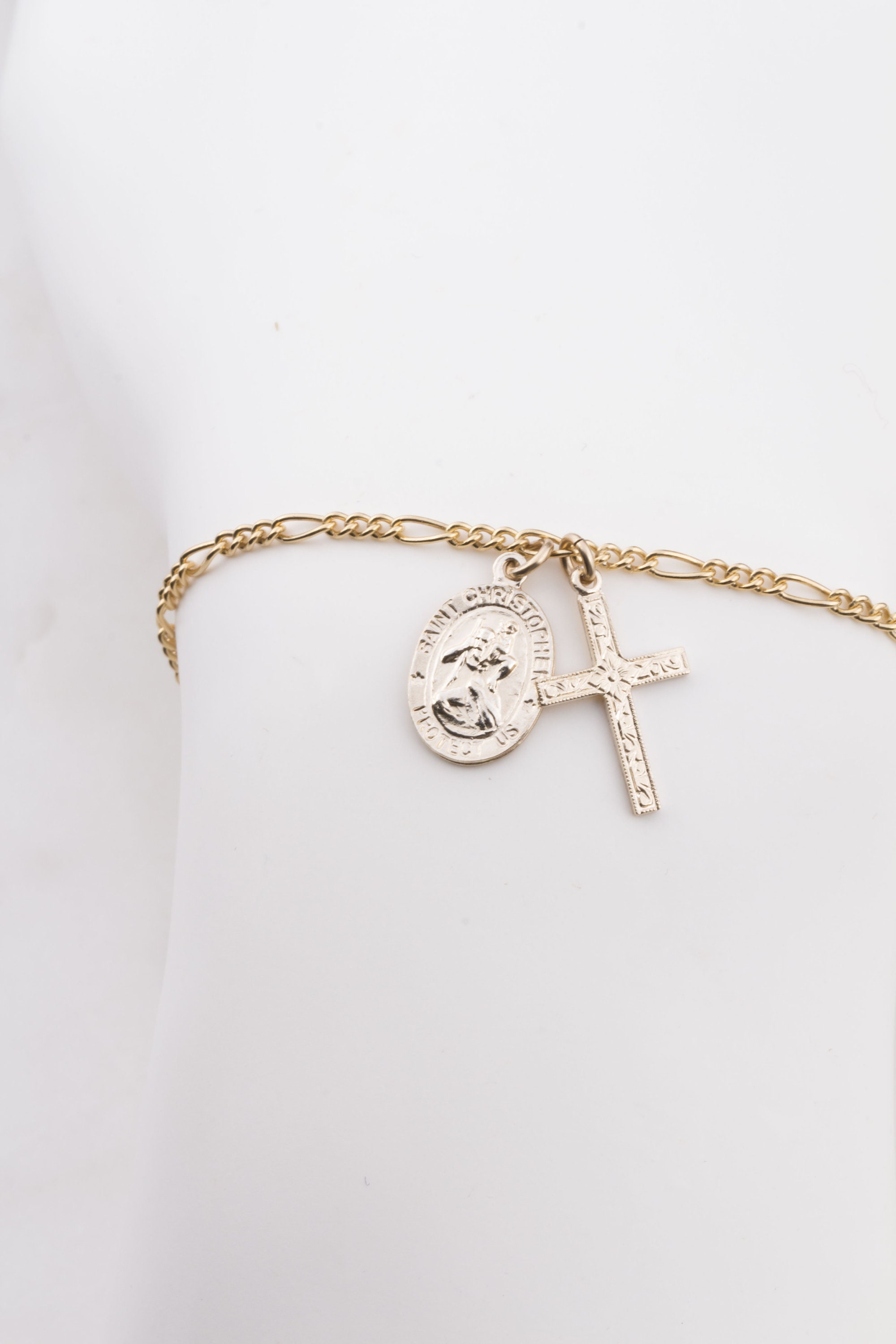 Tiny Saint Christopher with Cross Figaro Bracelet, Traveling Saint Bracelet, Gift for Her, Easter Gift, Gold Saint with Cross Charm Bracelet