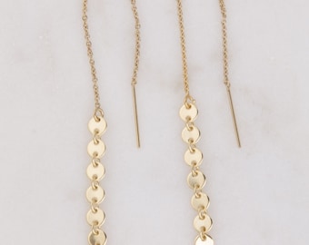 Gold Coin Dangle Threader Earrings, Gold Earrings, Dangling Earrings, Tassel Earrings in Sterling Silver or 14K Gold Filled, Gift For Her