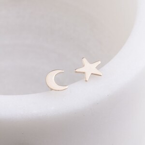 Moon and Star Gold Filled Stud Earrings, Dainty Tiny Gold Stud Earrings, Minimalist, Boho Earring Set, Everyday Wear, Mix Match Earrings image 2